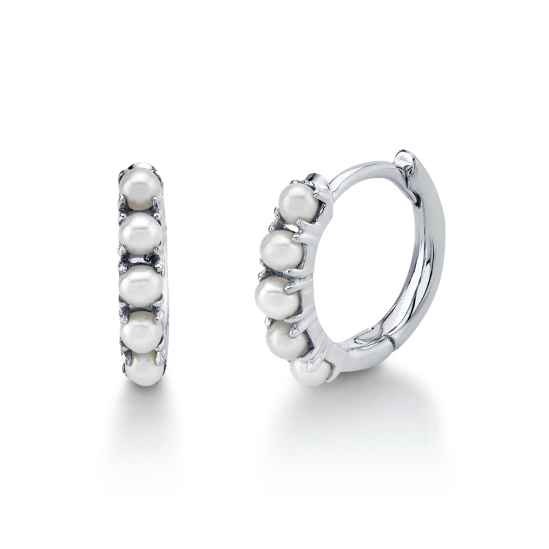 A Pair Of 14K White Gold Huggie Hoop Cultured Pearl Earrings