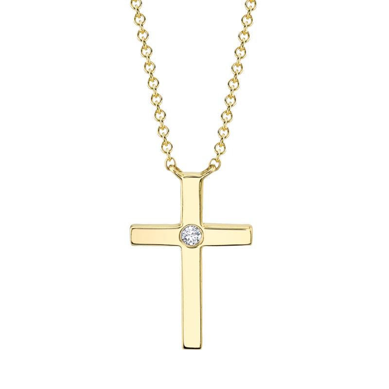 14K Yellow Gold And Diamond Bezel Cross Necklace .03Ct G/H, Vs-Si