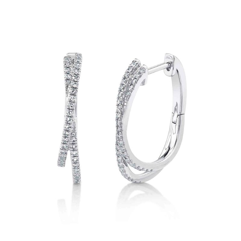 14K White Gold And Diamond Crossover Hoop Earring