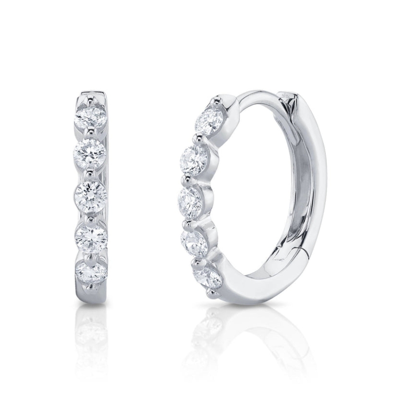 A Pair Of 14K White Gold Diamond Huggie Hoop Earrings