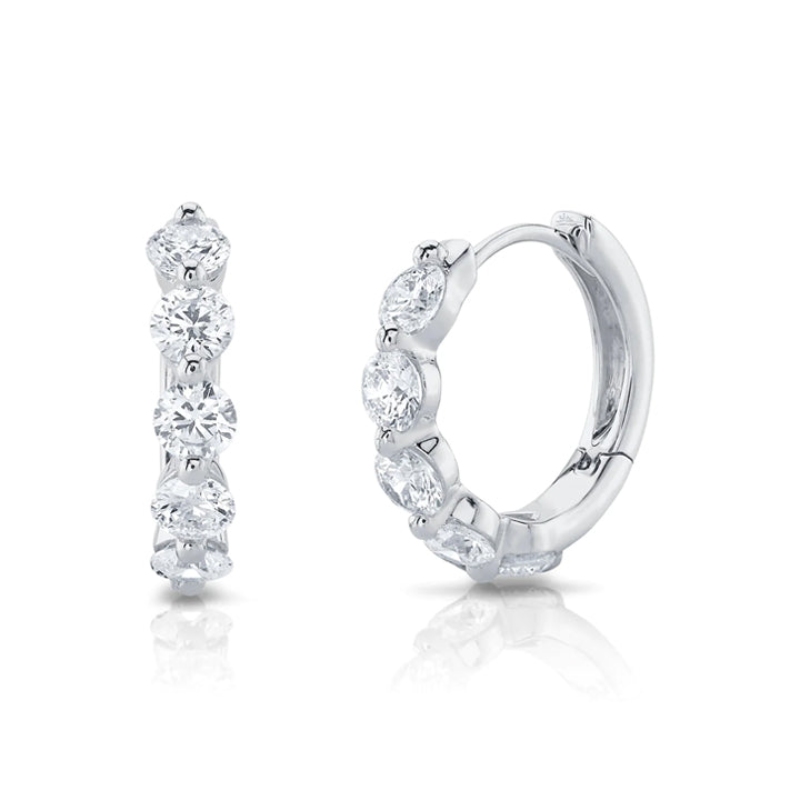 A Pair Of 14K White Gold Diamond Huggie Hoop Earrings.