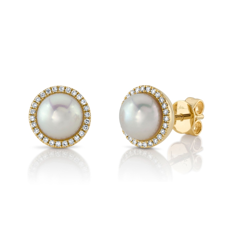 0.16Ct 14K Yellow Gold Diamond & Cultured Pearl Stud Earring
