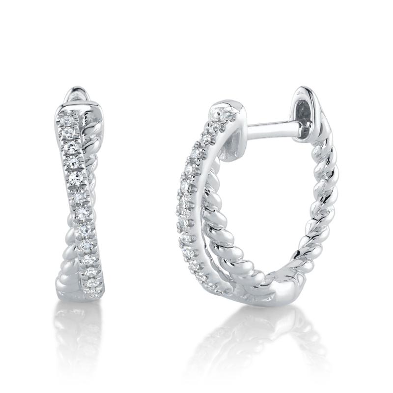 14K White Gold Diamond Cross Over Huggie Hoop Earring