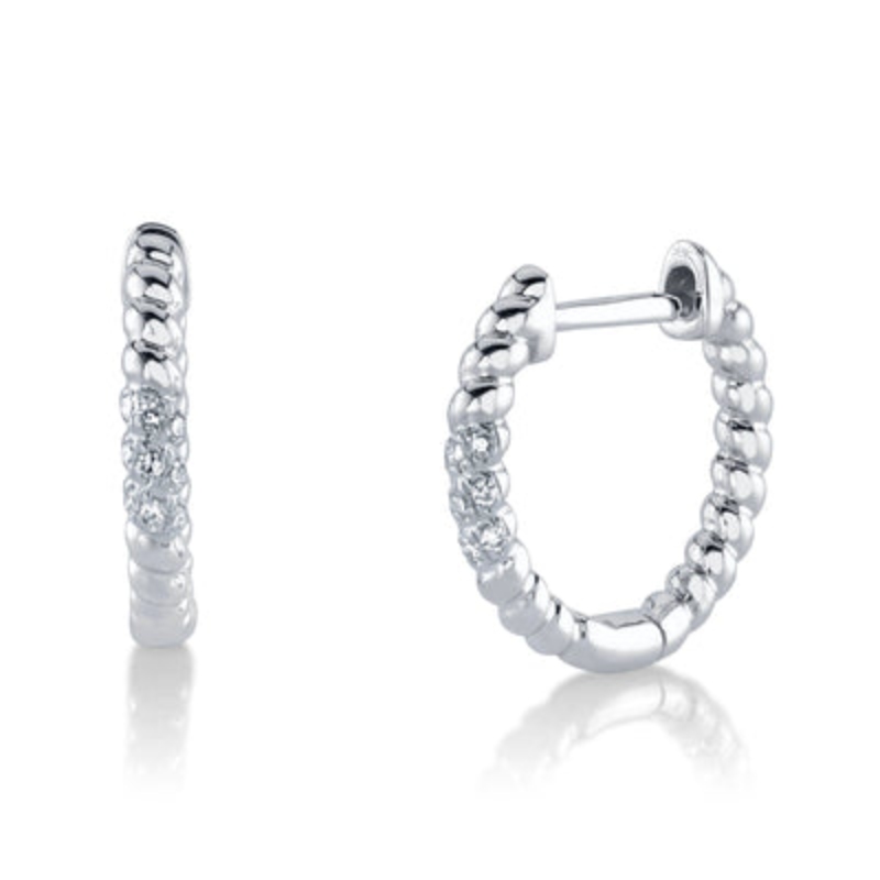 A Pair Of 14K White Gold Diamond Huggie Hoop Earrings