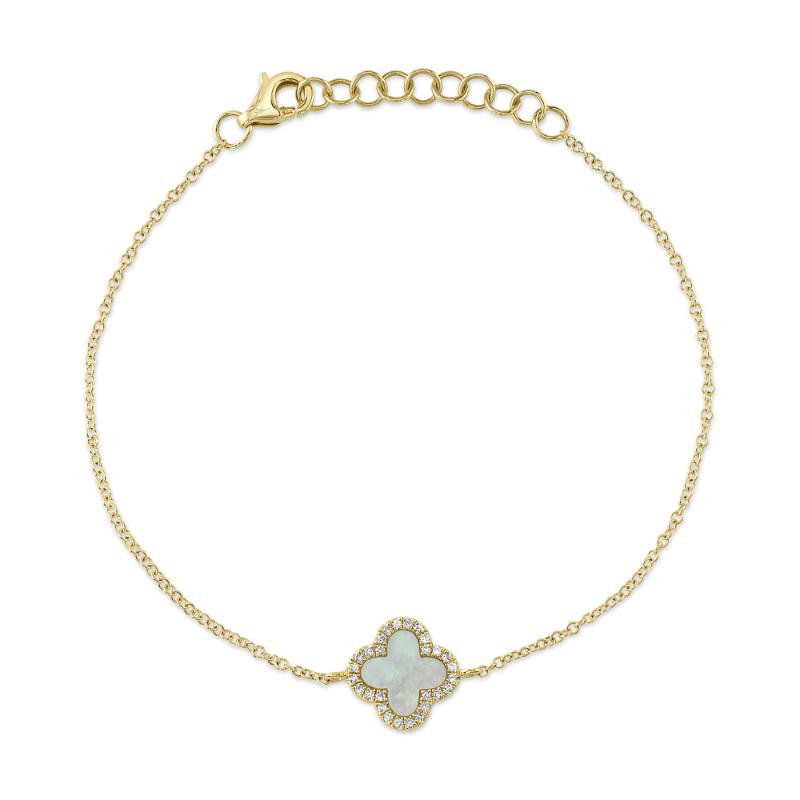 14K Yellow Gold Diamond and Mother Of Pearl Clover Bracelet