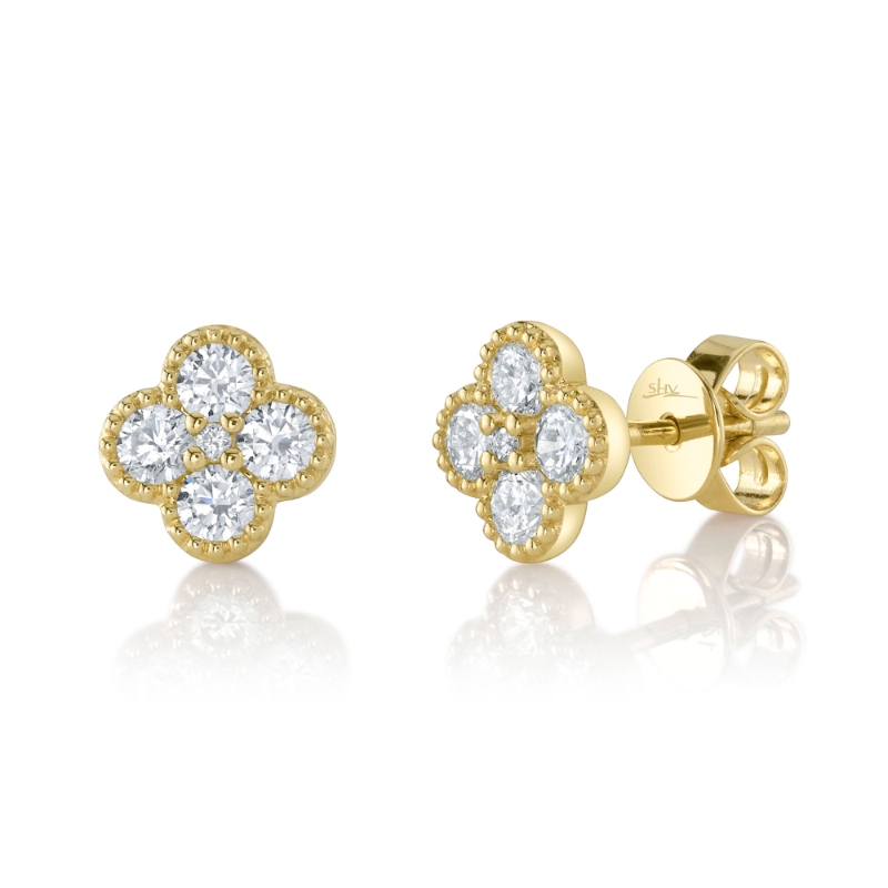 A Pair Of 14K Yellow Gold Diamond Clover Earrings