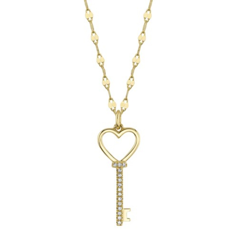 A 14K Yellow Gold Diamond Heart Key Necklace