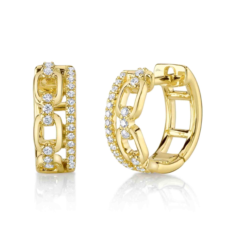 A Pair Of 14K Yellow Gold Diamond Link Huggie Hoop Earrings