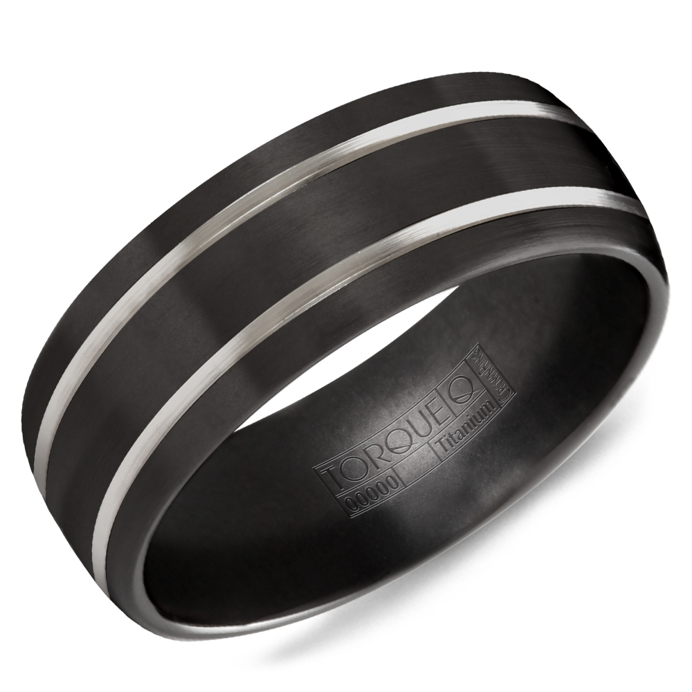 A Black Titanium Torque Band With White Line Detailing.