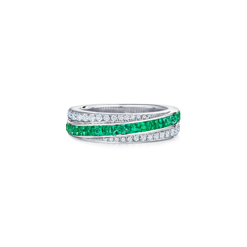 Splendor Stripe Half Circle Ring With Diamonds And Emeralds