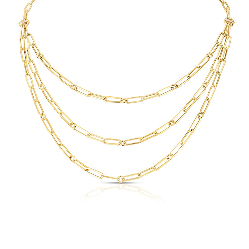 Roberto Coin 18K yellow gold triple strand paperclip chain necklace with round diamonds weighing 0.08 carat total weight