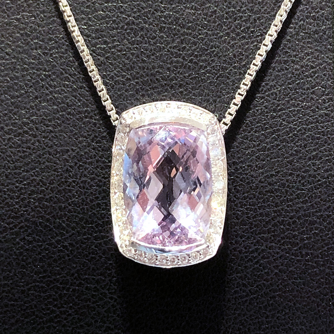 18K white gold, slide-style pendant mounting with a cushion-shape rose quartz and diamonds